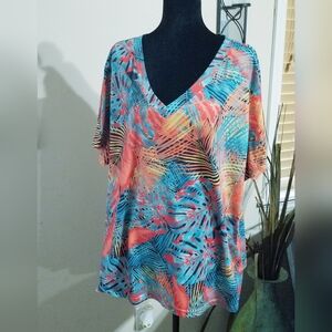 V-Neck Short Sleeve Tropical Print Tee - Coral & Turquoise